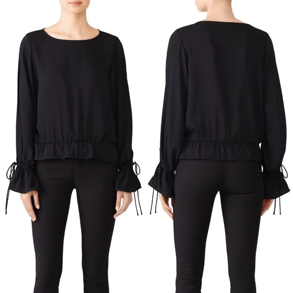 Jay Godfrey Linden Blouse 2 XS solid black peplum top‎ slit long tie sleeves